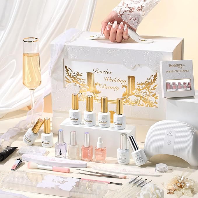 Beetles Gel Nail Polish Kit with UV Light - Wedding Beauty French Manicure Kit, 15ml UV LED Soak Off French Tip Gel Polish Set with Nail Tools Valentines Nails Decoration - Gifts for Her