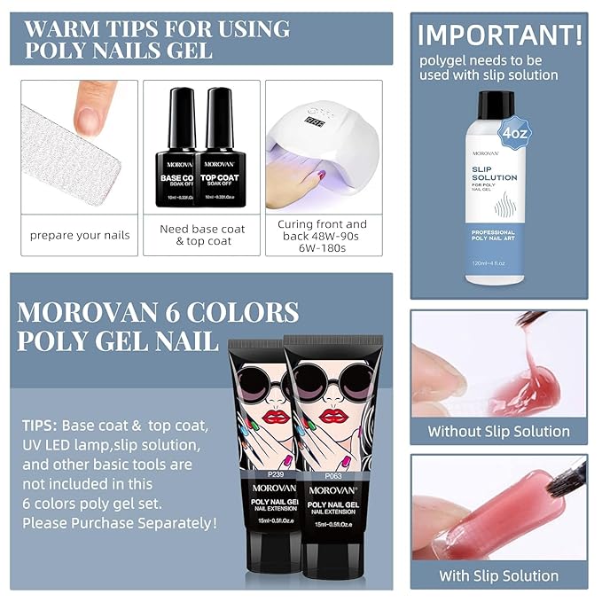 Morovan Poly Gel Nail Kit Starter Set – 6 Vibrant Colors DIY Salon Extensions Gel for Beginners – Professional Poly Nail Art Kit