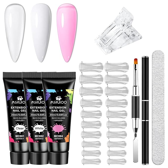 Poly Extension Gel Nail Kit, Clear White Pink Builder Nail Starter Kit with Dual Nail Forms, Nail Clips for Poly Gel, Home Manicure Set