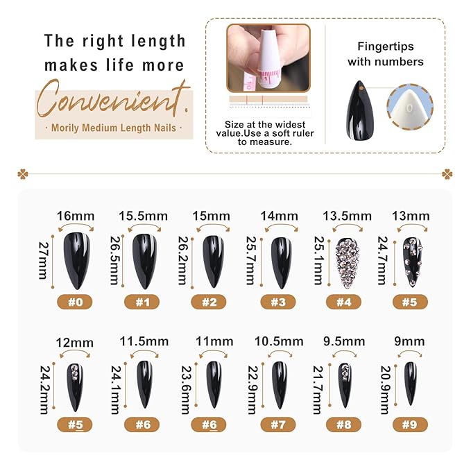 Morily 24pcs Fake Nails Black with Rhinestones Luxury Pure Color Medium Long Stiletto Almond Press on Nail False Tips Artificial Finger Manicure for Women (Glossy Crystal)