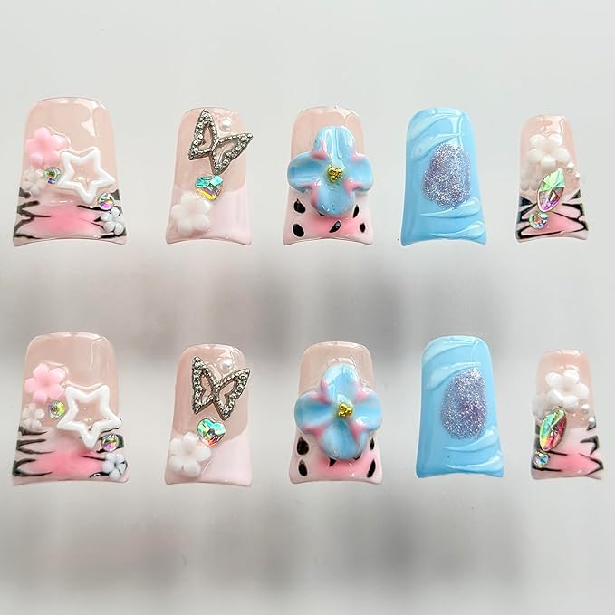 Luxury Press on Nails Short Duck Handmade 3D Unique Reusable ABS Material Fake Nails Pink French Tip False Nails with Designs Flower Butterfly Rhinestones Glossy Glue on Nail Thick Acrylic Nail(S)