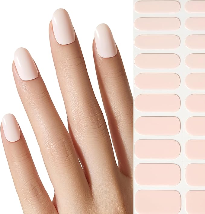 Semi Cured Gel Nail Strips - NAILOG 20 Pcs Pink Nail Stickers Extra Long Wraps with Glossy Gel Finishing for Spring Summer, Cotton Candy