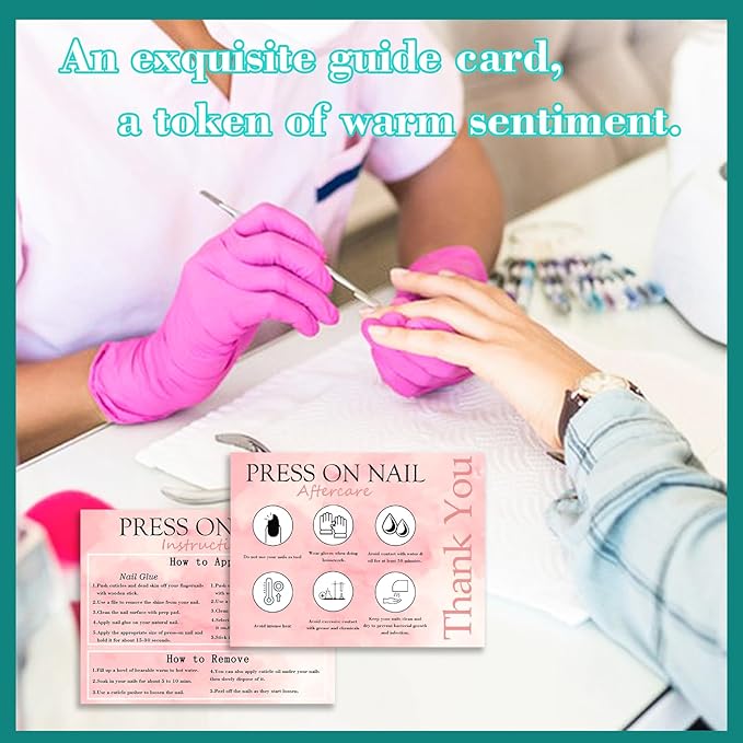50pcs Press on Nail Instructions and Aftercare Cards 4.25 * 3.15in,Press on Nail Display Cards Manicure Usage Application Guides Supplies for Small Business(Pink, 50pcs)