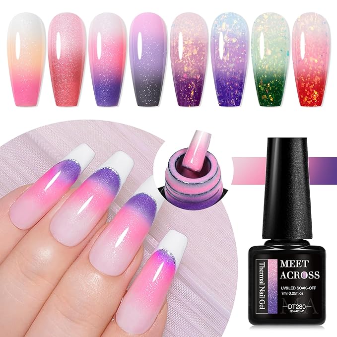 MEET ACROSS 8 Colors Color Changing Gel Nail Polish Set Glitter Pink Purple Temperature Mood Changed Gel Polish Kit Soak Off UV/LED Nail Art Manicure Gifts for Women Girls