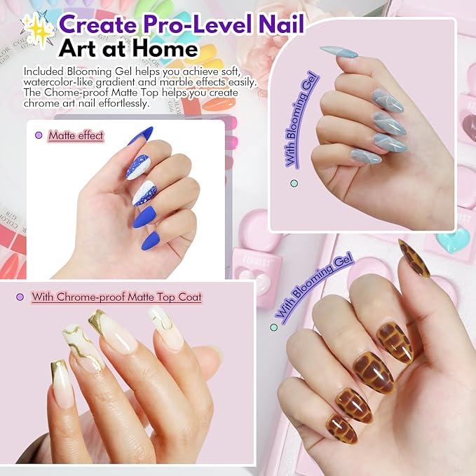 FZANEST 30pcs Gel Nail Polish Set, Professional HEAM-free TPO-free 10ml 26 Bright Colors DIY Gel Nail Set with Base Top Coat, Matte Top & Blooming – Pink Heart Shaped Bottles
