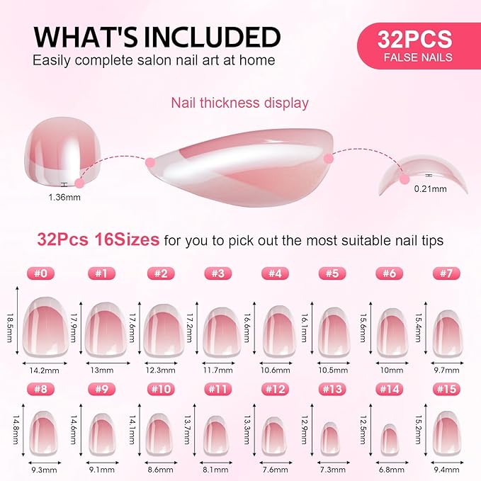 Findigit French Tip Gel Press On Nails Short - Pink Glossy Fake Nails White with Nail Glue for Women Gift, Supremely Fit Natural in 16 Sizes - 32 Stick On Nails Kit, Glossy Pink Ballet