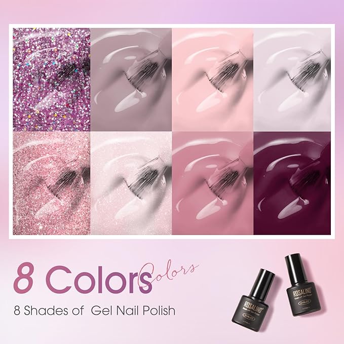 ROSALIND Gel Nail Polish Set, 8 Colors Pink Purple Glitter Gel Polish, Gentle Pink Elegant Purple Classic Gel Polish Collection Nail Art Gift DIY at Home