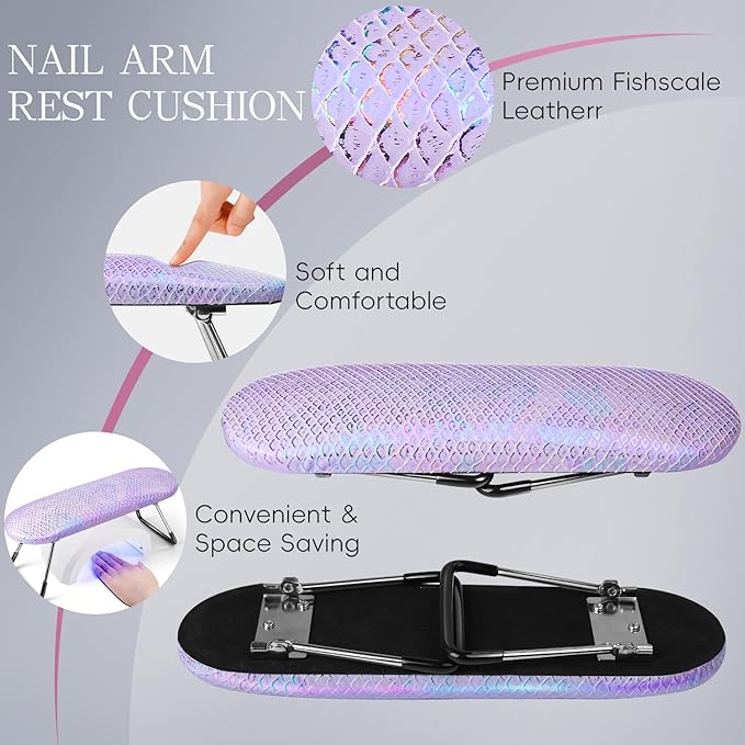 krofaue Professional Nail Hand Rest Stand - Nail Arm Rest High Density Sponge Foldable PU Leather Nail Arm Rest for Nail Tech with Non-Slip Stable Reduce Hand Fatigue Fit for Manicure Salon Use Purple
