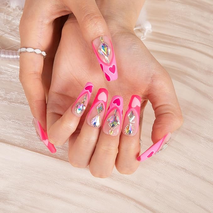 LOVFUL Press on Nails The Floating Romance French Tip | Handmade with Full Covered Crystals | Reusable Full Cover Nails | Coffin Classic Regular 1.3 in | H160-M