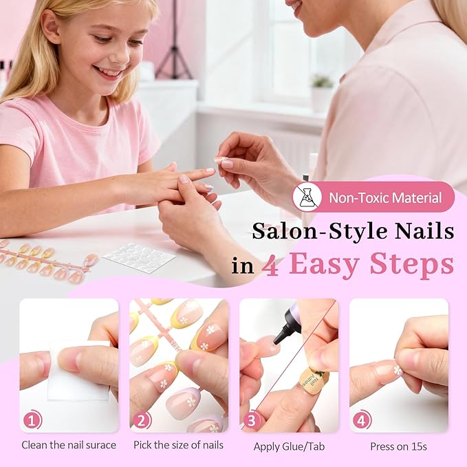 16 Sizes 128 Pieces Press on Nails for Kids, 4 pack Kids Nail Kit Colorful Flower Almond Fake Nail Tips for Girls 8-12 Years Old with Jelly Nail Adhesives & Nail Glue Easter Gifts Birthday