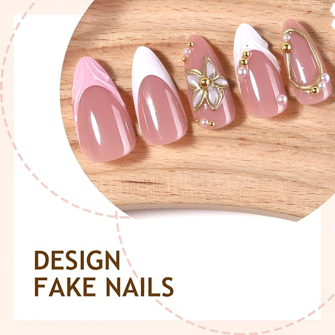 French Tip Fake Nails Medium Almond Press on Nails Flower False Nails Glossy Full Cover Nails Press Ons with Pearl Design Pink White French Tip Stick on Nail Acrylic Glue on Nail for Women 24Pcs