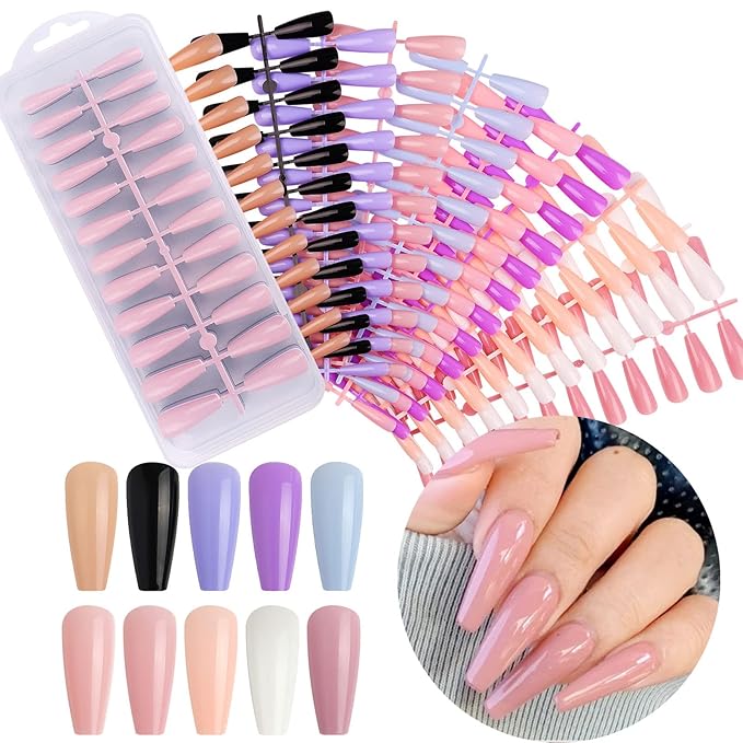240Pcs Coffin Press On Nails Solid Color Glossy Fakes Nails Ballerina Fake Nail Tips Long Full Cover Acrylic False Nails Black White Pink Blue Flake Nails Valentines Day Press On Nails For Women Girls