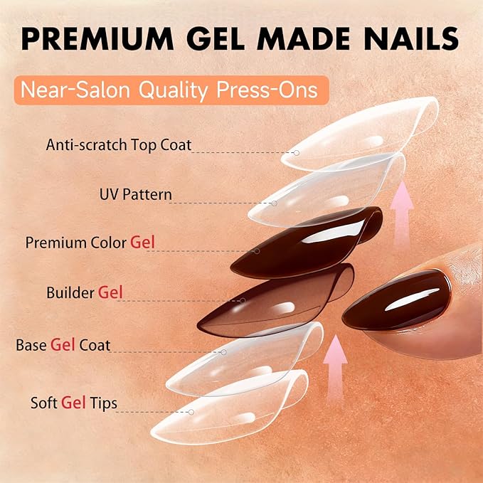 Chrome Coffee Brown Press on Nails Short Almond, Glazed Cute Fake Nails with Sparkle Mirror Design, Shiny Glitter Glue on Nails Stiletto, Gel Nail Press ons with Glue for Fingernail 30 Pcs