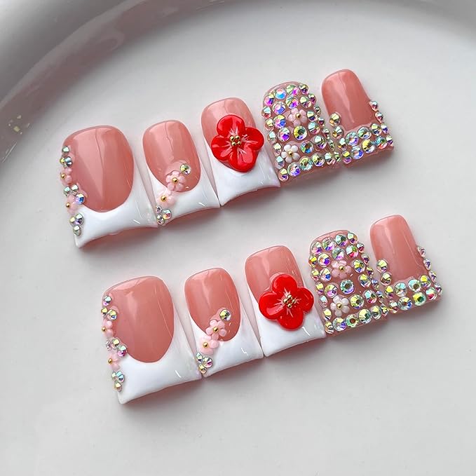 French Tip Press on Nails Handmade Short Duck 3D Flower Thick Acrylic Nails Elegant False Nails with Rhinestones Red Floral Designs White Glossy Fake Nail White Sturdy Art Press on Nail 10Pcs(M)