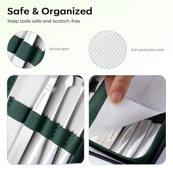 FAMILIFE Manicure Kit for Women, 9 Pcs Compact Carbon Steel Nail Grooming Kit with Case, Portable Green Travel Manicure Set for Home (Green)