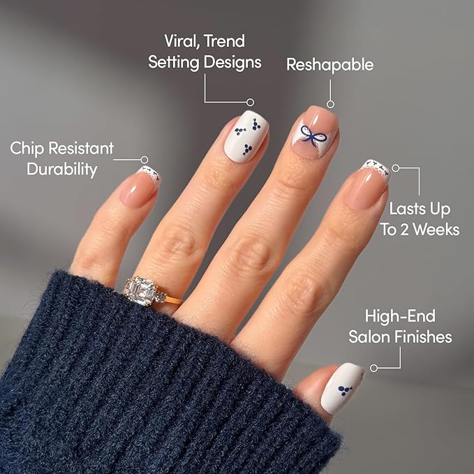 Valentines Day Glamnetic Press On Nails - Blue A Kiss | Short Squoval Fake Nails With Mixed Sheer & Solid Designs, Micro Blueberry and Scalloped Lace Accents | 15 Sizes - 30 Nail Kit with Glue