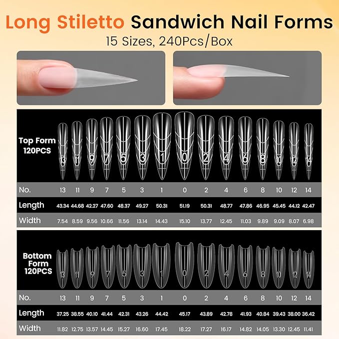 Sandwich Dual Nail Forms: 240PCS Nail Forms for Builder Gel, 15 Sizes Long Stiletto Shape for Women Salon Home DIY