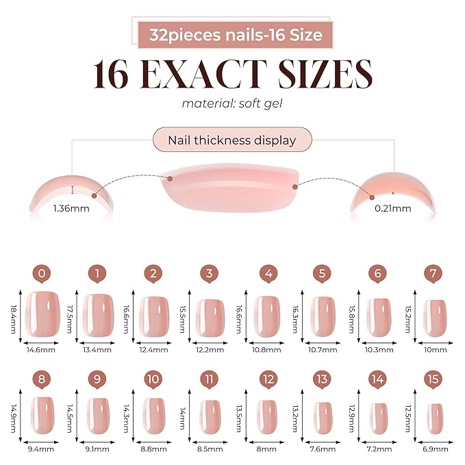 UNA GELLA Chrome Nude Press On Nails: Short Square Soft Gel Press Ons Kit with Nail Tips Glue on Nails, 16 Sizes - 32 Reusable Chrome Holographic Fake Nails Kit, Nude Pink