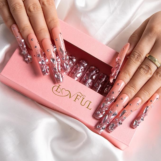 LOVFUL Press on Nails Pink Glitter | Handmade with Full Covered Crystals | Reusable Fake Nails | Square Long 2.2 in | H60-M