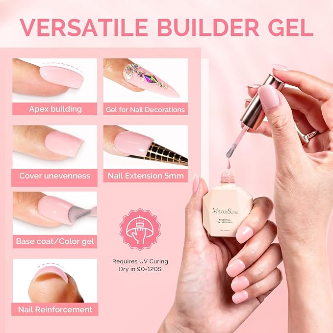 MelodySusie 2PCS 15ML Nude and Pink Builder Gel Set for Nails Thickening, Soak Off UV Extension Gel Rhinestone Glue in a Bottle for Nail Art Design Gift for Women DIY Manicure at Home