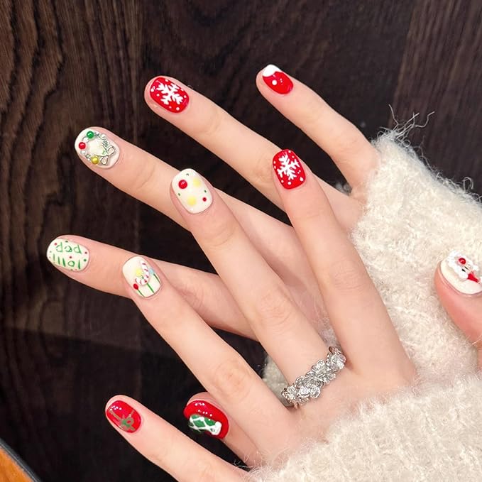 10Pcs Handmade Square Press on Nails Short Christmas Fake Nails Cute Christmas False Nails with Cartoon Old Man Snowflake Design Multi-Layer Acrylic Nails Press ons Xmas Glue on Nail for Women (M)