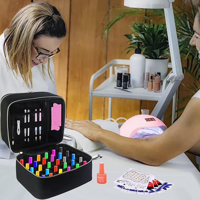 Meichoon Organizer Tools 2 Layers Storage Holder Case with Adjustable Bottle Compartment 30 Bottles of Gel lamp and Manicure Tools Large Makeup Bag Travel Black