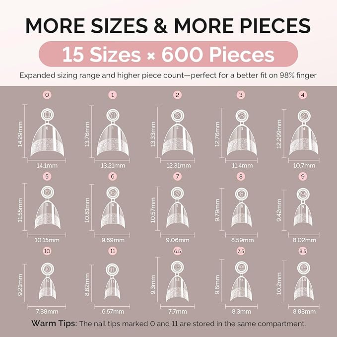 MelodySusie Half Cover Short Almond X Nail Tips - 600Pcs 15 Sizes Clear Acrylic, Half Matte Press on Nails for DIY Extension & Salon Use, Pre-Shaped for Long-Lasting Manicure