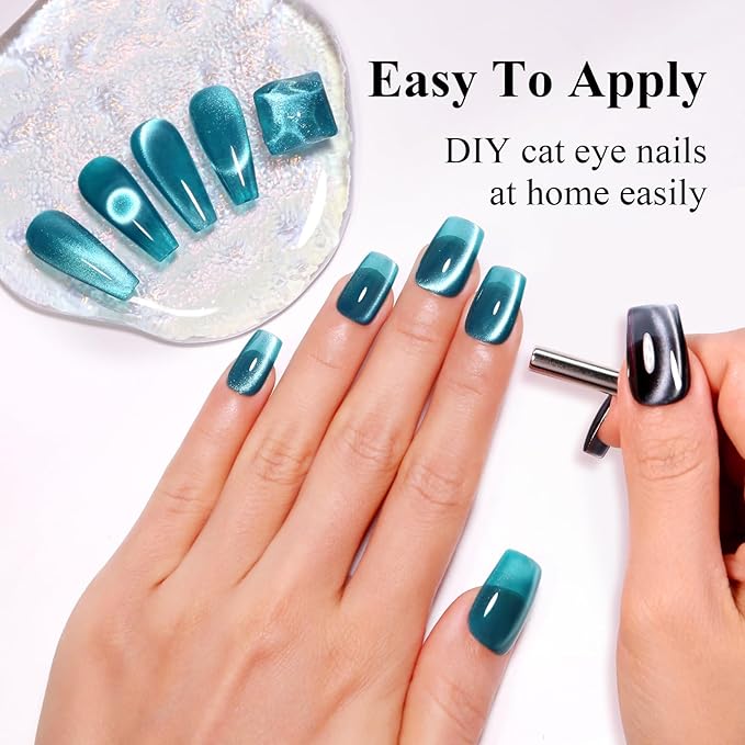 Imtiti Cat Eye Gel Nail Polish, 15ml Blue Green Crystal Glitter Cat Eye Gel Polish With Magnet Magnetic Holographic Galaxy Sparkly Soak Off UV Led Manicure