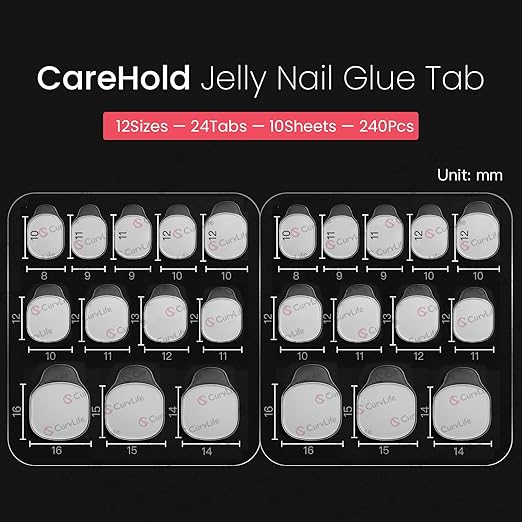 Curvlife CareHold Nail Adhesive Tabs for Press On Nails – 20 Sheets, 12 Sizes Strong Hold 0.3mm Ultra Thin Nail Glue Stickers Waterproof Breathable Double Sided Sticky Tabs, Gentle Removal