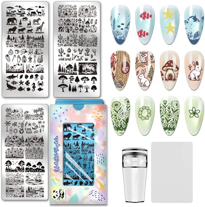 PH PandaHall 3pcs Animal Plant Nail Stamping Plates, Grassland Scene Nail Art Templates Beautiful Sight Stainless Steel Image Plate Art Stencils for Women DIY Print Manicures Salon Design Supplies