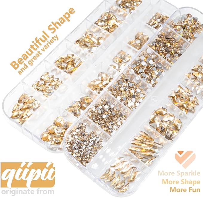 24 Styles Champagne Gold Nail Rhinestones Multi Shapes K9 Glass Flatback Crystals Gems Round Beads Stones Diamonds Jewels Nail Art Charms Supplies for Nails Face Eyes Makeup Crafts Clothes