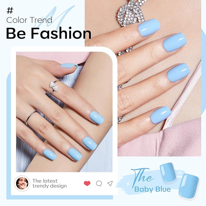 Modelones 32Pcs Baby Blue Press on Nails, Short Square Fake Nails, Reusable Nail Kit with Nail Glue Adhesive Tabs Mini Nail File, Nails Press Ons 16 Sizes, Women Girl Gift
