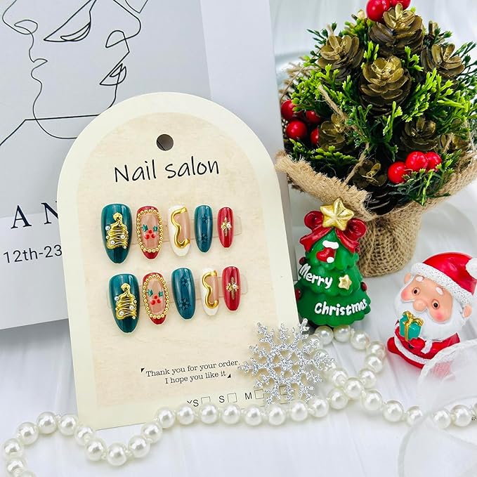 24pcs Christmas Press on Nails Medium Almond Fake Nails Winter Snowflake Full Cover False Nails with 3d Pearl Rhinestones Designs Xmas Tree Wreath Star Glue on Nails for Women Nail Decoration Supplies