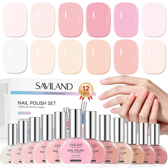 SAVILAND Jelly Nail Polish Set: 12 Colors Natural Nudes Pink Nail Sheer White Polish Air Quick Dry Fingernail Polish 12-Free Nail Lacquer DIY At Home Manicure Gift for Girls Women Christmas