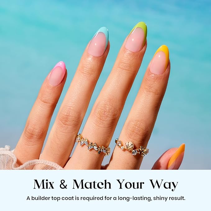 Beetles Summer Press On Nails 224 Pcs 7 Colors, French Tip Nails Short Almond Classic Fake Nail Tips, Rainbow Soft Nail Gel False Nails Art DIY For Women