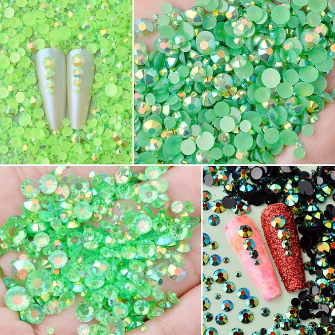 5 Boxes 12420pcs Sparkling Crystal Nail Rhinestones Kit, Flatback Multicolor Transparent Jelly AB Mermaid Gems with Pick Up Pen and Curved Tweezers for Manicure Salon & Craft DIY Designs (Green)
