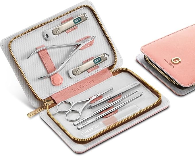 MR.GREEN Fashion Imprint Manicure Sets Professional Nail Clipper Set Personal Care Tool Kits Nial Cutter Gift With Leather Case (Pink(8Pcs Set))