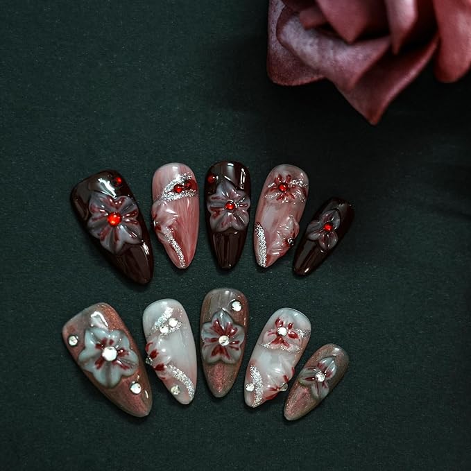Handmade Floral Press on Nails - Medium Almond 3D Embossed Rhinestones & Red Ombre, Thick Acrylic Gel Nails for Parties, Valentine's Day (Evil Flower,M)