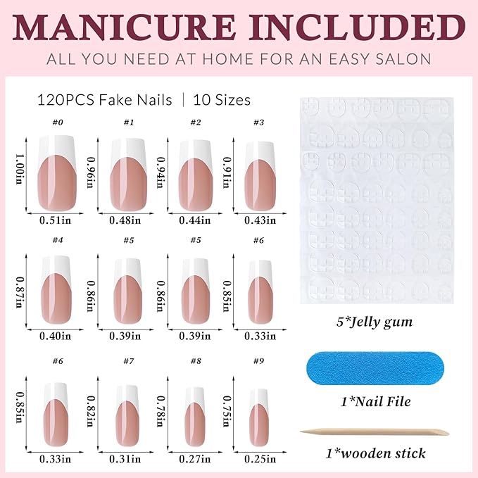 120PC White French Tip Press on Nails Medium Fake Nails Press ons with 5*Adhesive Tabs, Brown Square Acrylic Nail Press on Nail French Tip Nails False Artificial Fingernails Stick on Nails-L