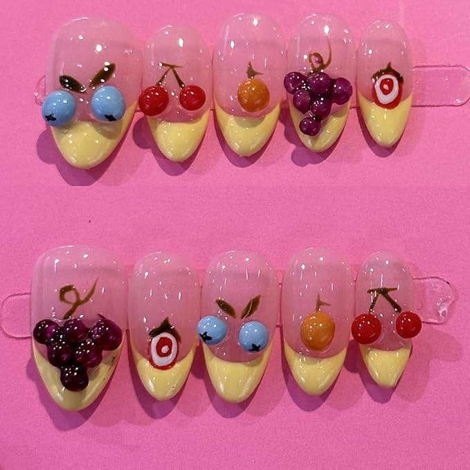 Luxury Press on Nails Short Almond Handmade 3D Unique Reusable ABS Material Fake Nails Yellow French Tip Purple False Nails with Designs Fruit Cherry Grape Glossy Glue on Nail Thick Acrylic Nail(S)