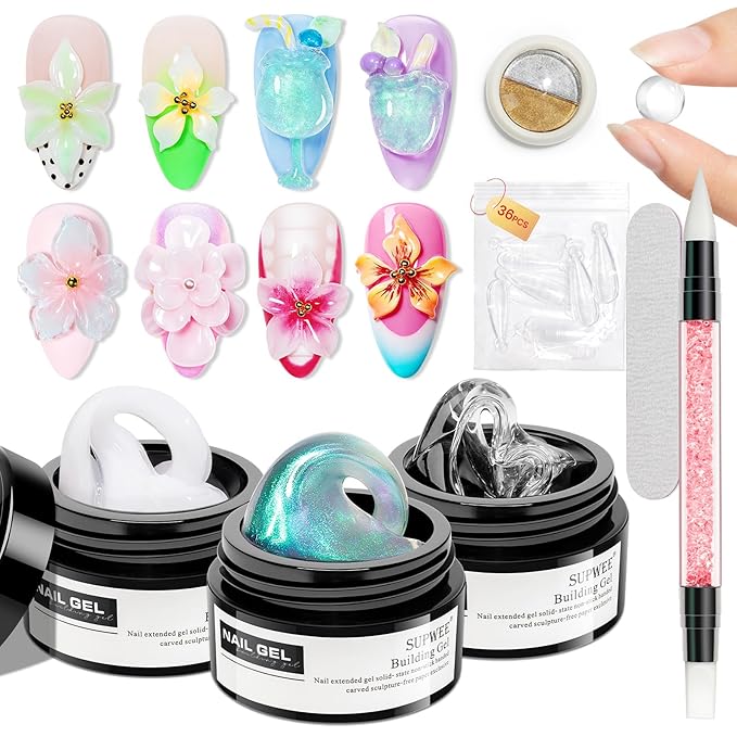 Sculpting Gel for Nail Art, Non-Stick Hand 3D Gel Nail Art Clear White and Green Aurora Molding Nails for Home Manicure, Nail Salon, Nail Charms, Solid, Extension, Carving Builder Gels