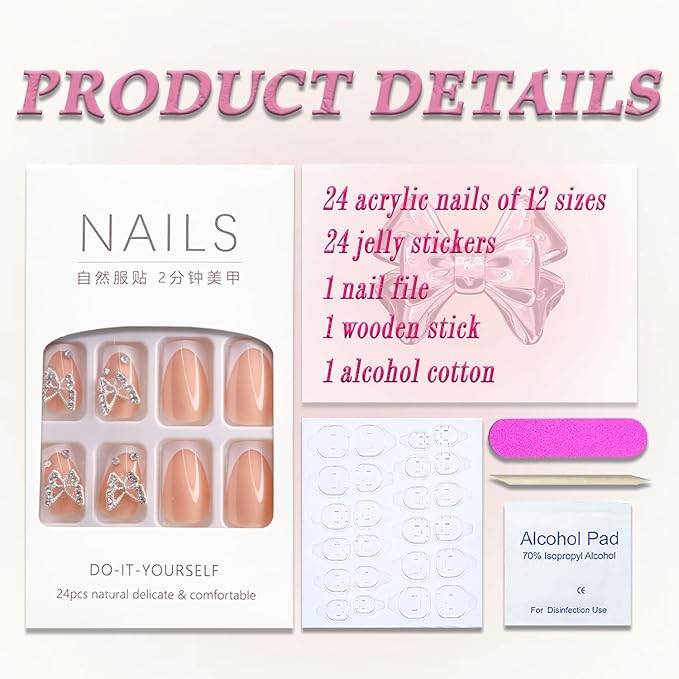 Press on Nails Extra Short Square MABKJLF French Tip Fake Nails Nude Full Cover Glue on Nails Rhinestones False Nails Butterfly Charm Acrylic Nails Stick on Nails Artificial Nails for Women Girls