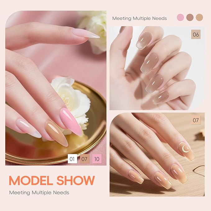 PEACECOLOR 24Pcs Poly Nail Gel Kit with U V light 6 Colors Clear Pink Nude Poly Nail Extension Gel with Glossy/Matte Top Coat Nail Rhinestones Starter Kit DIY Home Gifts for Women