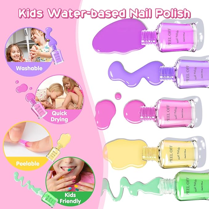 BATTOP Kids Nail Polish Set for Girls - Kids Nail Art Kit with Dryer & Fake Nail & Sticker & Water Based Nail Polish & Nail Art Pen - Idea Gifts for Girls Ages 6 7 8 9 10 11 12