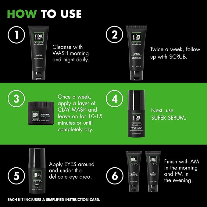 Tiege Hanley Skin Care Set for Men, Revitalization Routine, System Level 4, Face Wash, Scrub, Moisturizers, Eye Cream, Serum, & Clay Mask for Healthy, Hydrated Skin, Men’s Skin Care, 7 Piece Kit