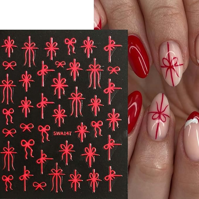 6 Sheets Bow Nail Stickers for Nail Art Christmas Nail Design Decals - Red,Green,Gold Bows Stickers for Nails,Christmas DIY Manicure Decor for Women Girls