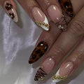 Leopard Print Press on Nails Almond Fake Nails French Tip False Nails Flower False Nails with Gold Rhinestones Design Glossy Stick on Nail Medium Glue on Nail for Women Decoration Set 24Pcs