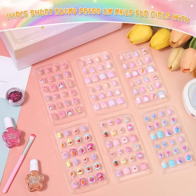 144 Pcs Small Kids Nails Set, Thrilez 6 Pack Mini Press on Nail Pre-glue Artificial False Acrylic Nails Set for Little Girl Children