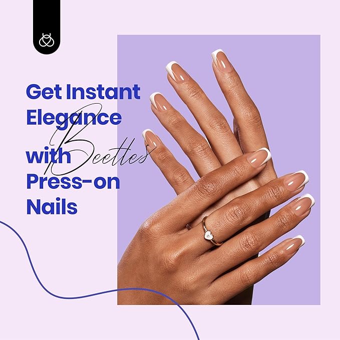 Beetles Short Square French Tip Press On Nails Brown 64 Pcs Pre-Shaped Fake Nails Reusable Nail Kit with Quick-drying Nail Glue Mini Manicure File DIY Home Salon in 16 Sizes Gifts for Women Girls