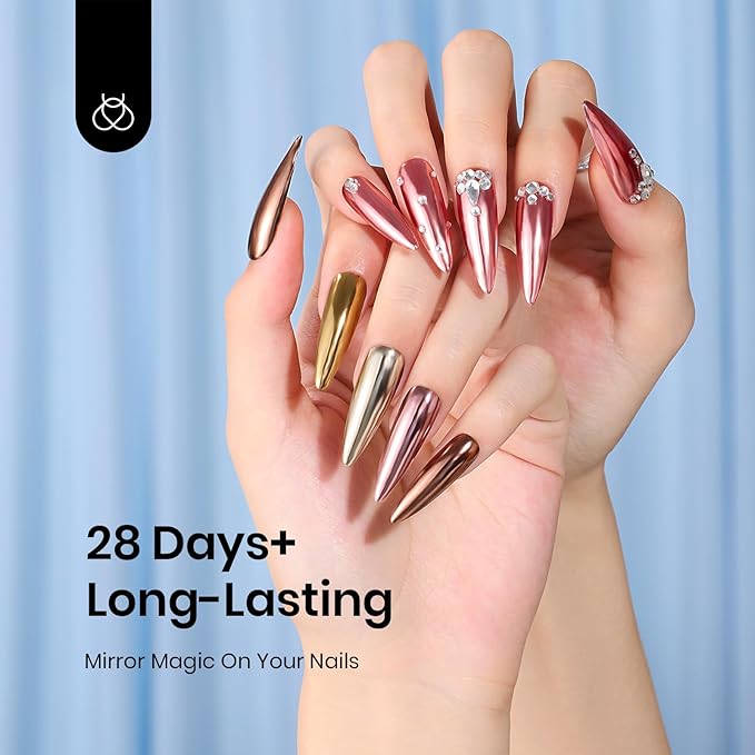 Beetles Chrome Top Coat Gel Nail Polish and Decoration Sealing Gel, 7.5ml*2PCS Chrome Nail Powder Shine Finish and Long Lasting, Soak Off LED U v Lamp Nail Art Design Diy at Home